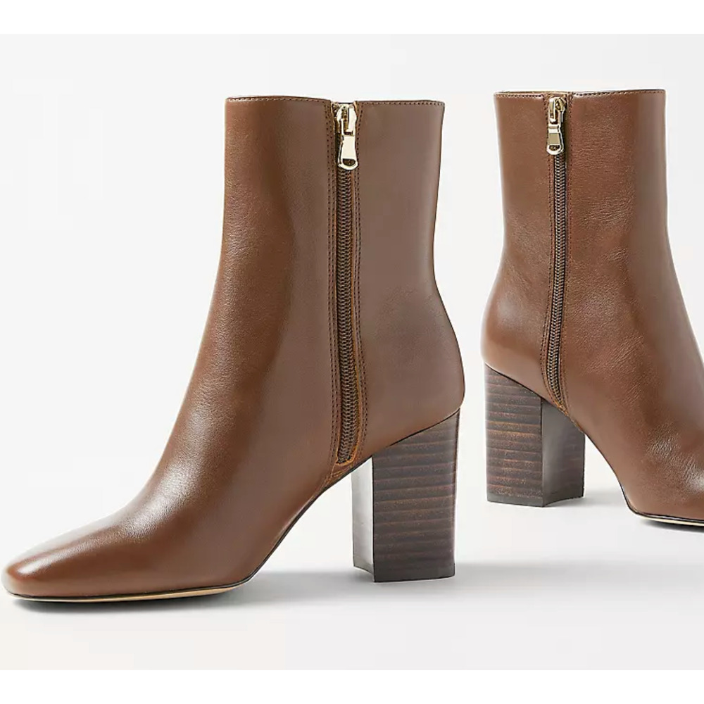 NEW ANN TAYLOR BROWN NORTH LEATHER BOOTIE ANKLE BOOTS SIZE 5.5 - Picture 2 of 10
